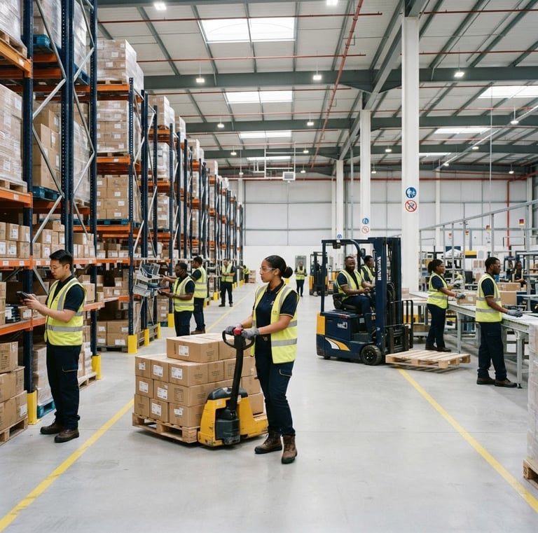 Wide shot of a modern, clean warehouse interior with diverse workers in professional safety gear, crisp lighting, focused on tasks, corporate navy and gold tones.
