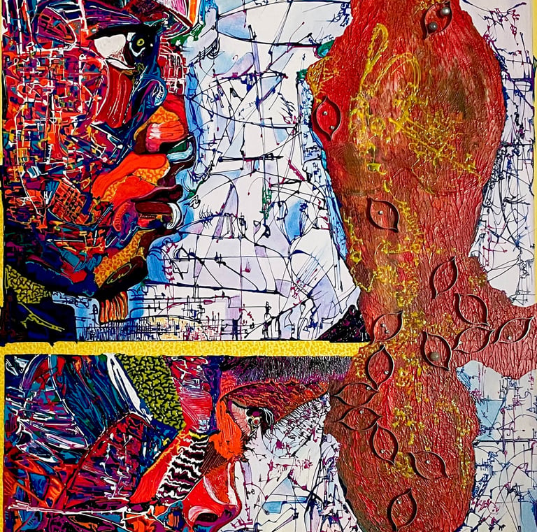 Abstract mixed media painting featuring vibrant red textures and intricate colorful patterns.