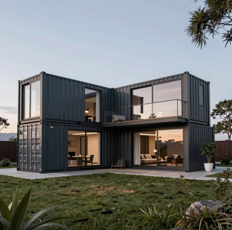 Modern two-story luxury shipping container home with large glass windows and outdoor balcony.
