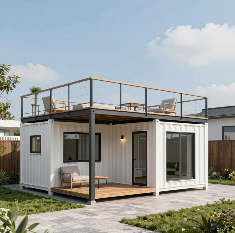 Spacious container home with multiple stacked containers and rooftop terrace.