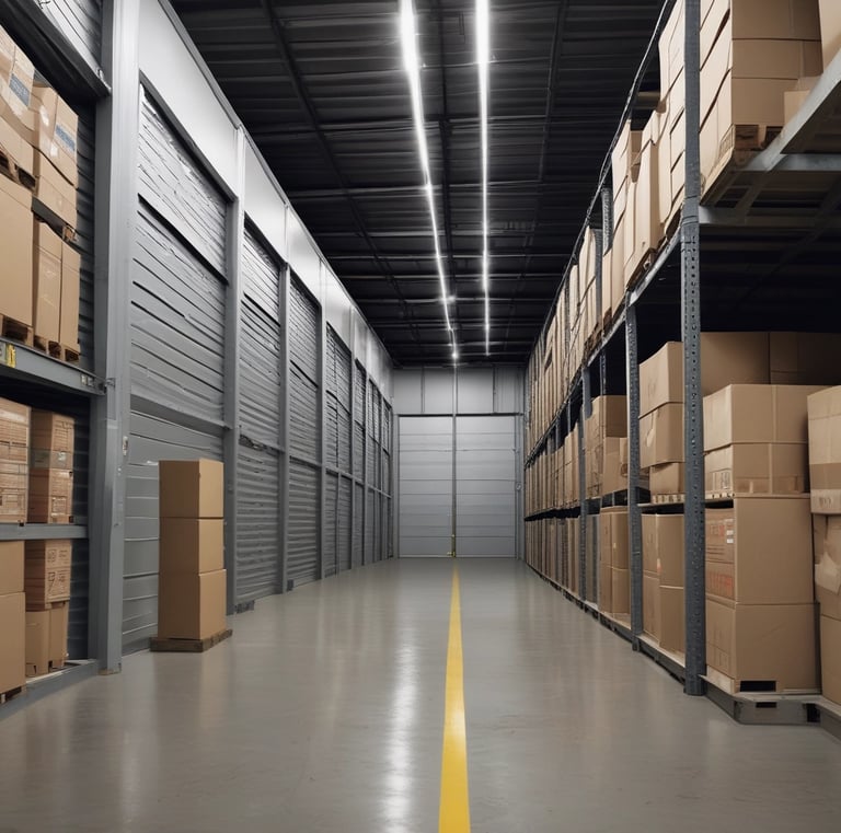 A neatly organized storage facility with labeled boxes stacked safely.