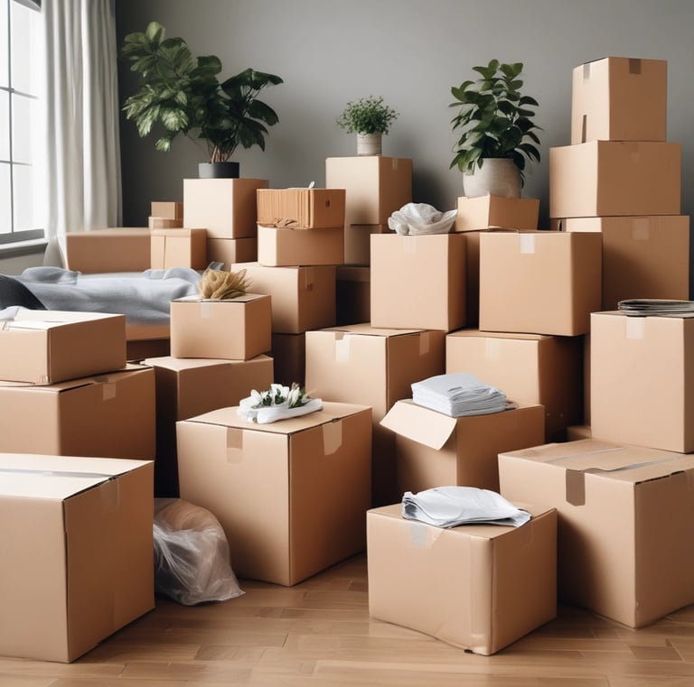 Workers unloading boxes at a new home with smiles and care.