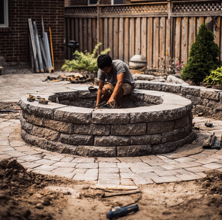 A landscaper installs a custom stone fire pit on a circular paver patio in a backyard.