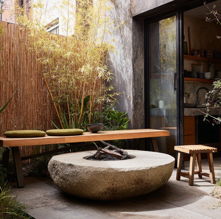 Modern outdoor patio featuring a stone fire pit, wooden bench, and bamboo privacy screen.