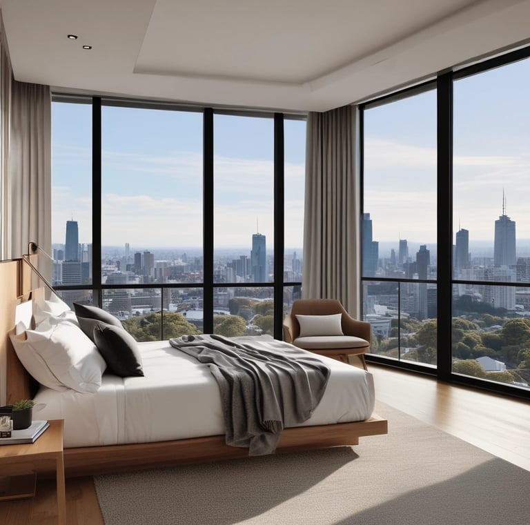 Sophisticated dining area with clean lines, gold lighting fixtures, and a serene ambiance.