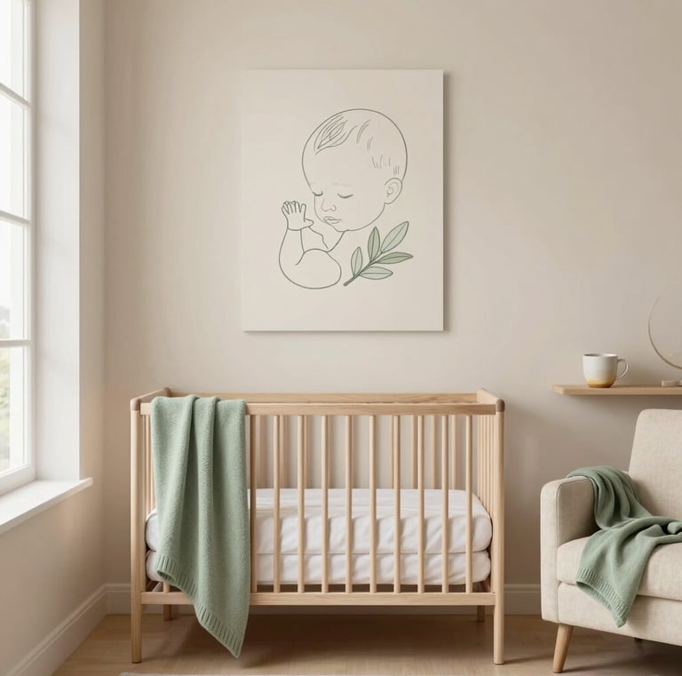 A cozy nursery corner with minimalist wooden furniture and muted green accents, evoking calm and restfulness.