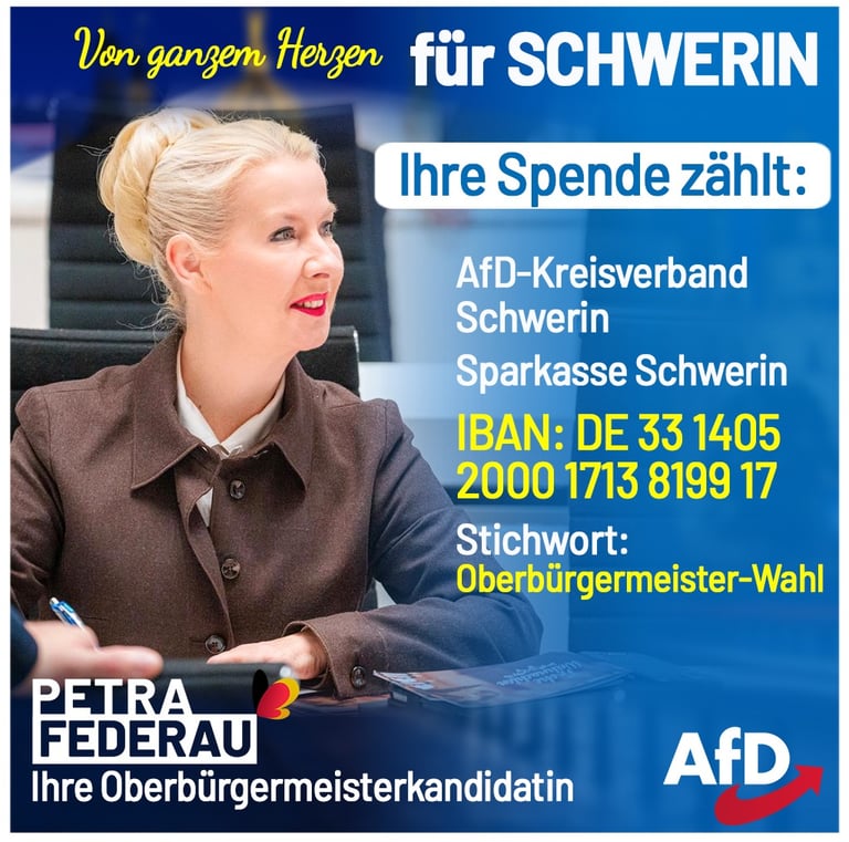 Ihre Spende für einen genialen Oberbürgermeister-Wahlkampf in Schwerin. Petra Federau OB!