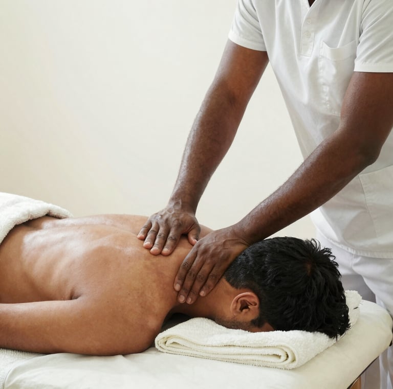 An elderly woman laughing warmly as the RMT therapist gently massages her neck, with soft sage green walls in the background.