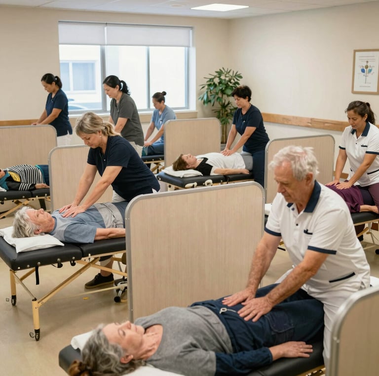 A senior man reclining peacefully during a massage session, surrounded by calming cream-colored decor.