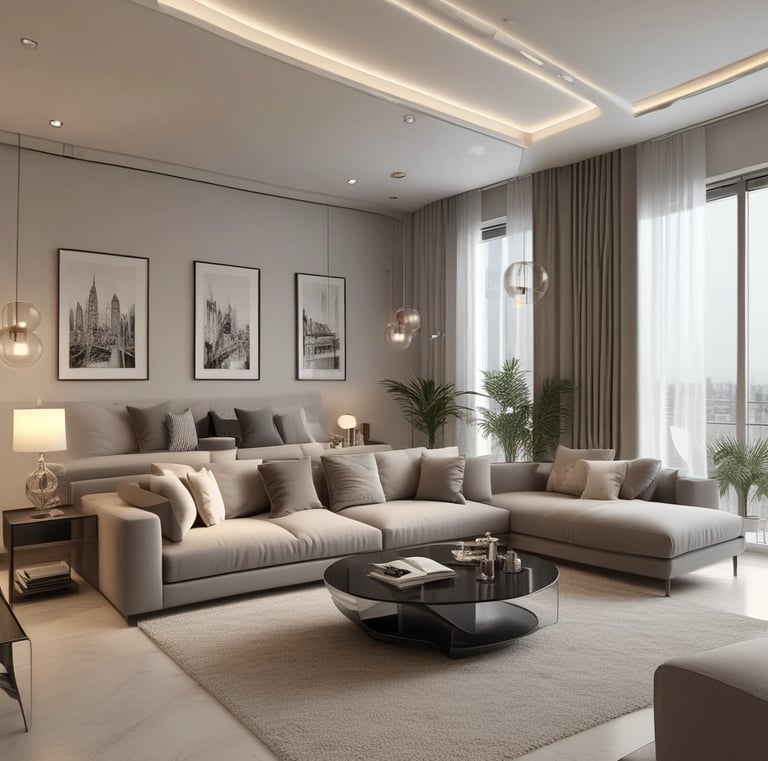 Modern real estate property featuring sleek black and cyan blue accents with shimmering gold starbursts in the sky.