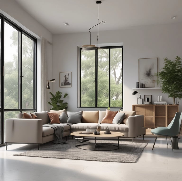 Brightly lit modern living room after professional painting and furniture installation.