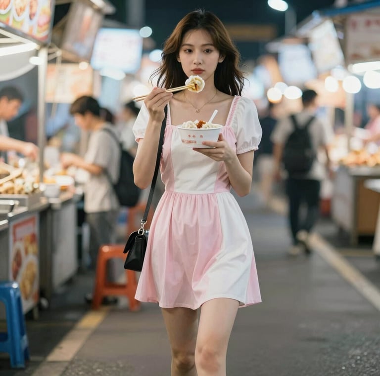 A colorful street market bustling with locals and a solo female traveler browsing unique souvenirs.