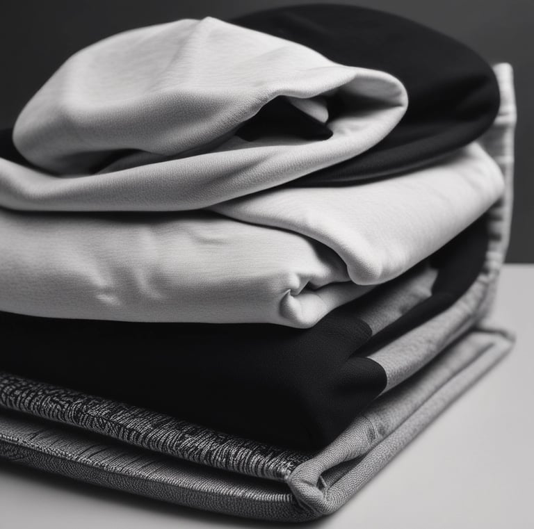 A softly lit photo of finished clothing items laid out neatly on a wooden table.