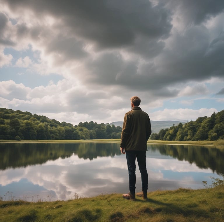 An outdoor shot featuring someone wearing brand clothing, standing confidently in nature during golden hour.