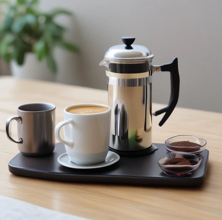 A minimalist flat lay of the brand’s logo on a textured fabric alongside a steaming cup of coffee.