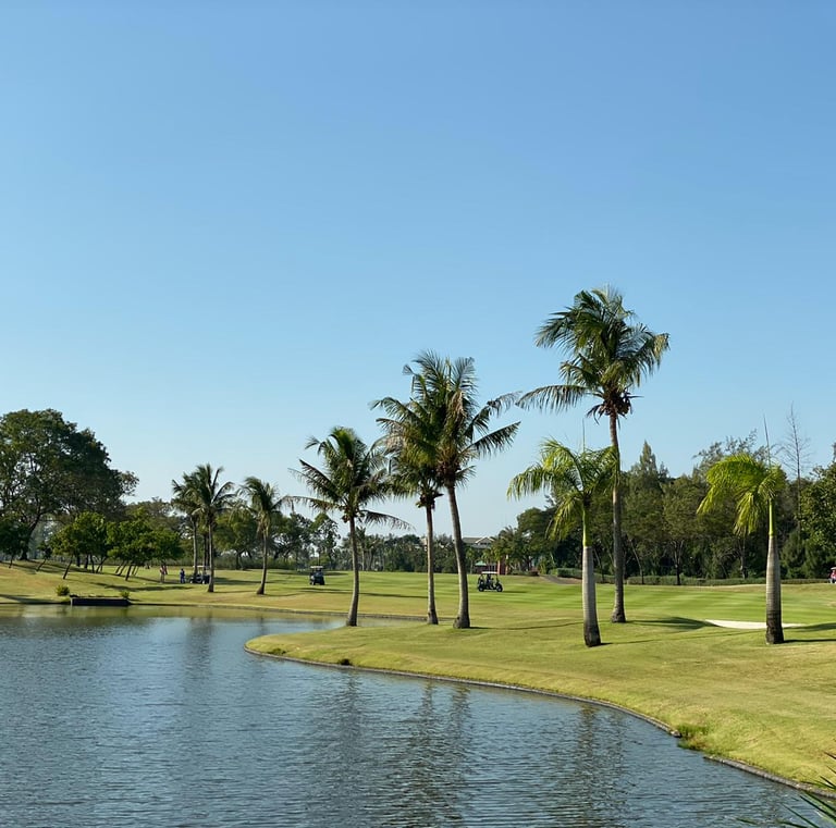 a golf course with palm trees and a pond