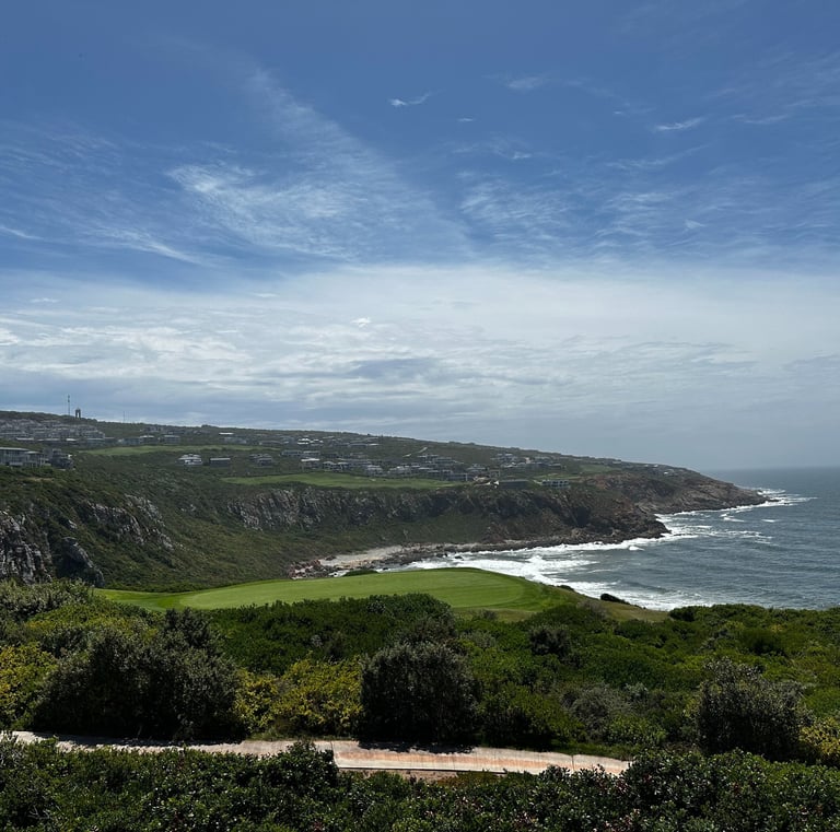 a view of a golf course with a view of the ocean