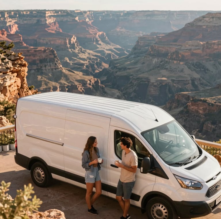 Couple enjoying morning coffee on the roof deck of their rental van overlooking a canyon
