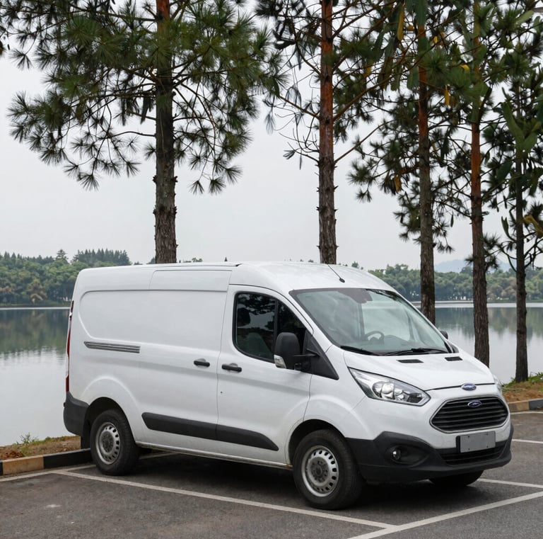 A bright blue van parked by a serene lake reflecting tall pine trees