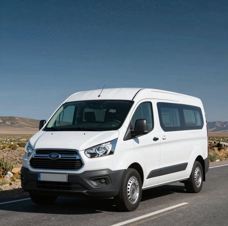 A sunlit desert campsite beside a vibrant orange van under a starry sky