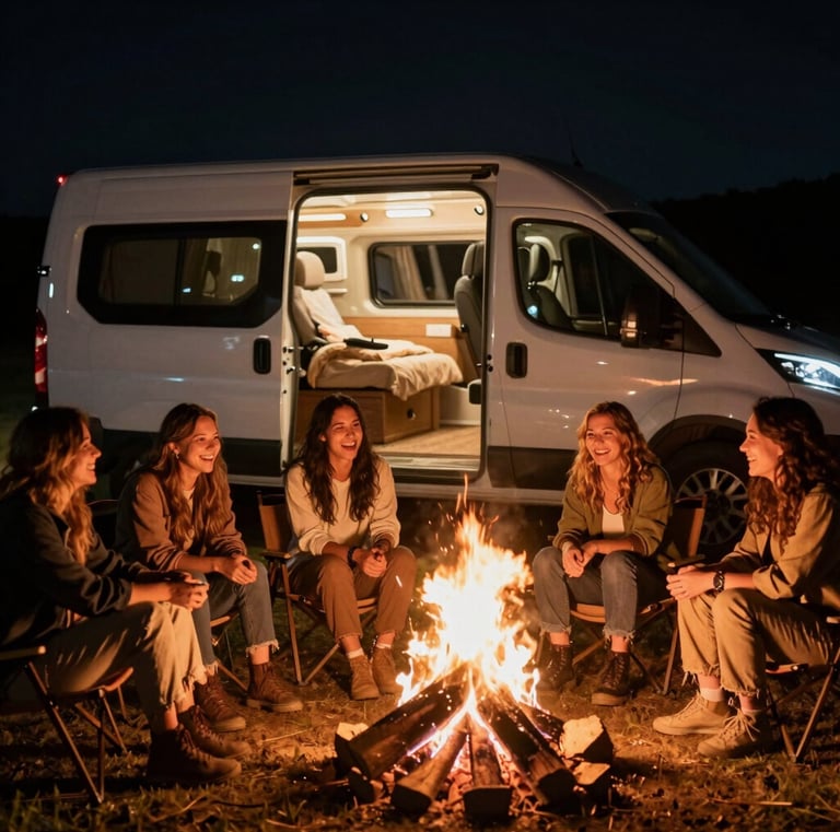 Friends laughing around a campfire next to their cozy rental van