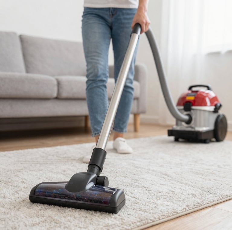 Team member vacuuming a cozy, well-lit apartment interior