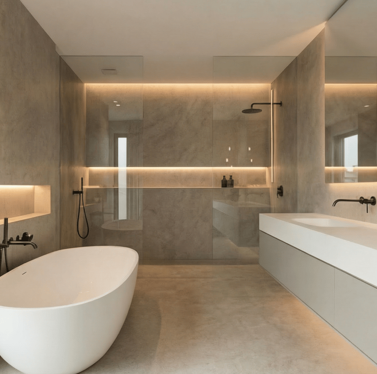 Modernes hochwertiges Badezimmer mit XXL-Großformatfliesen und fugenloser Keramikdusche in Mühldorf