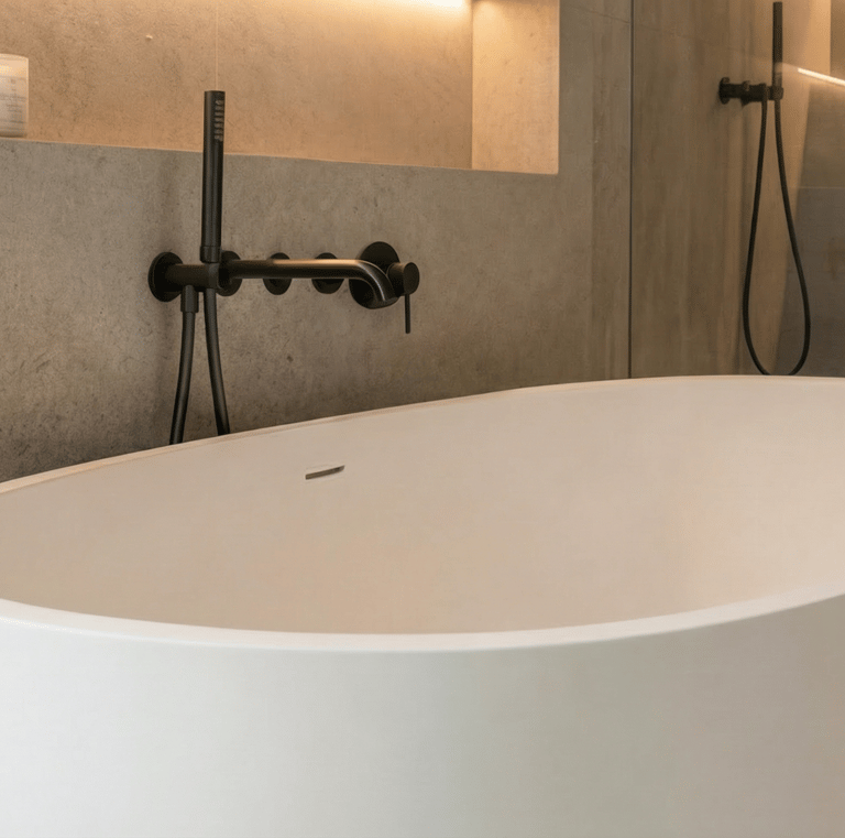 Detailansicht hochwertiger Badmaterialien in einer Ausstellung für den Raum Straubing