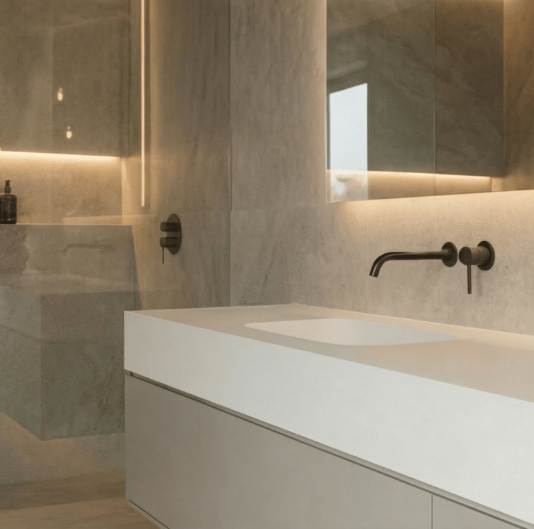 Großformatfliesen in Natursteinoptik mit minimalen Fugen in einem modernen Bad für Kunden aus Mühldo