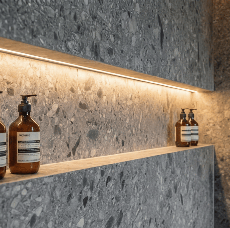 Fotorealistische 3D-Planung eines modernen Badezimmers mit Großformatfliesen für Bauherren in Mühldo