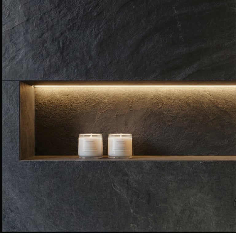 Exklusive Badgestaltung mit Großformatfliesen und ruhiger Farbwelt für Bauherren aus München