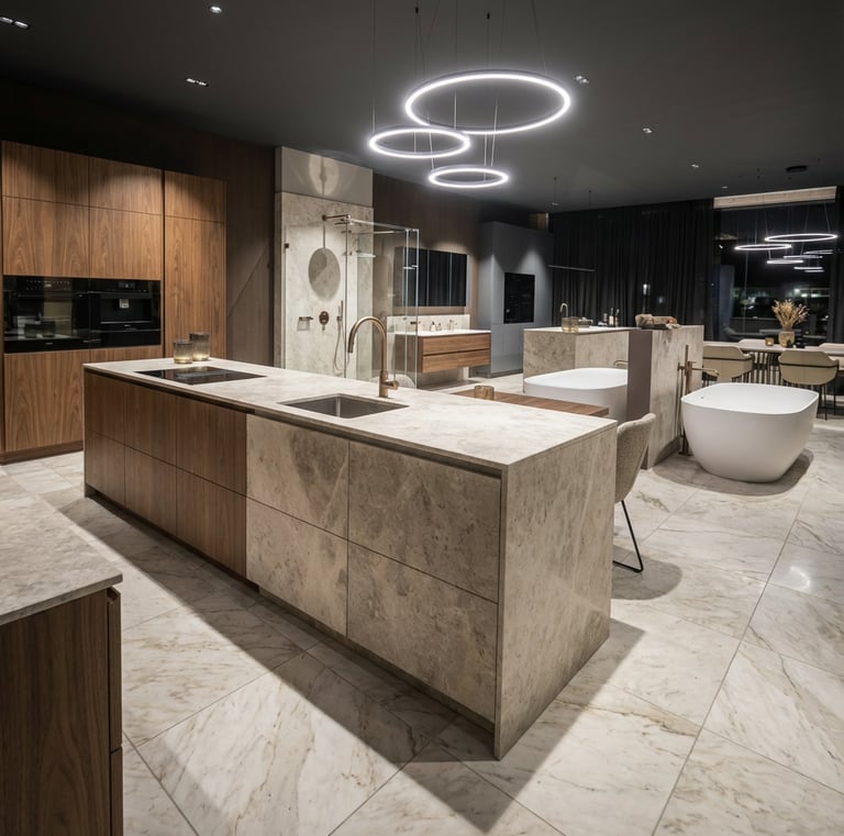 Ausstellung für exklusive Badezimmer mit Großformatfliesen und Lichtkonzepten in Mühldorf