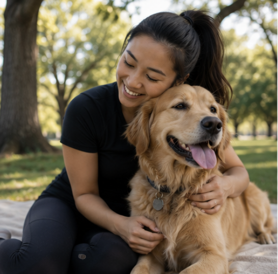A smiling woman hugging her golden retriever dog while sitting on a blanket in a sunny park.