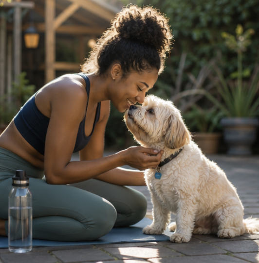 A smiling woman in yoga clothes petting her small fluffy dog on a patio after a workout.