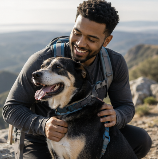A smiling man hiking with his large black and tan dog on a mountain trail overlooking a valley.