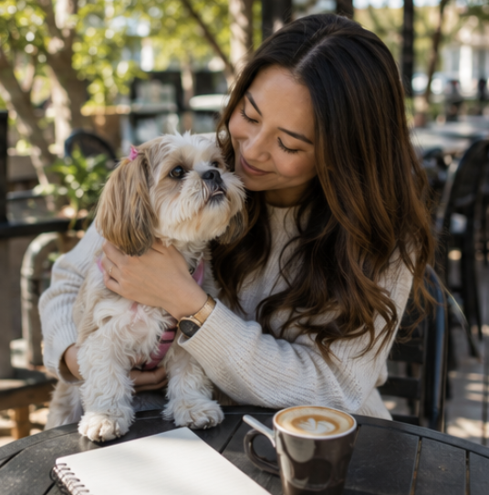 A smiling woman cuddling her Shih Tzu dog at an outdoor cafe with a latte and notebook.