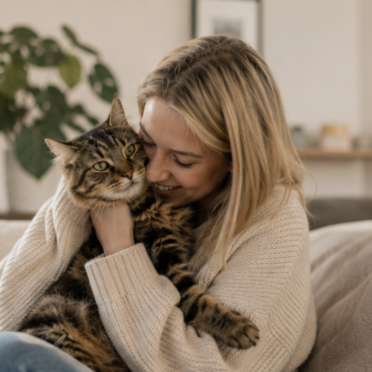 A smiling woman in a cozy sweater hugging her fluffy tabby cat on a couch at home.
