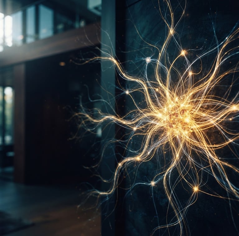 Abstract representation of data flows, glowing neural connections, deep navy and teal tones, warm golden accents, elegant editorial photography, soft natural daylight, 35mm lens, subject off-center right, expansive negative space on left.