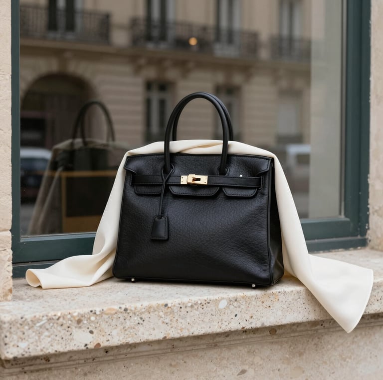 Black leather handbag on travertine stone Velune Paris collection
