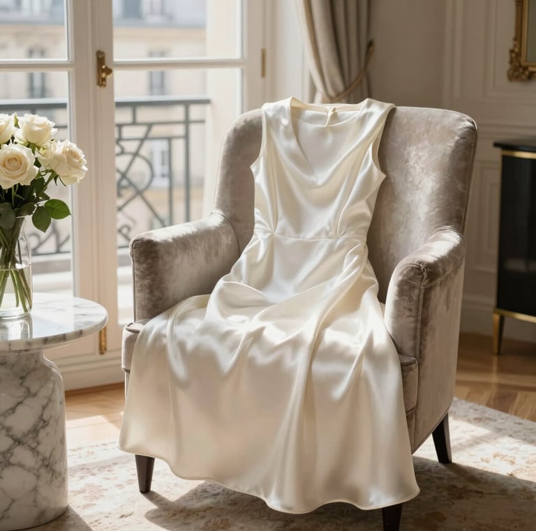 Elegant woman in ivory silk dress Velune Paris luxury fashion