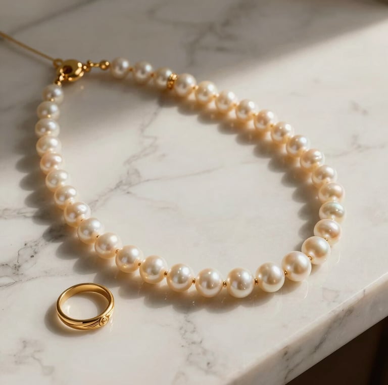 Pearl necklace and gold rings on white marble Velune Paris jewelry