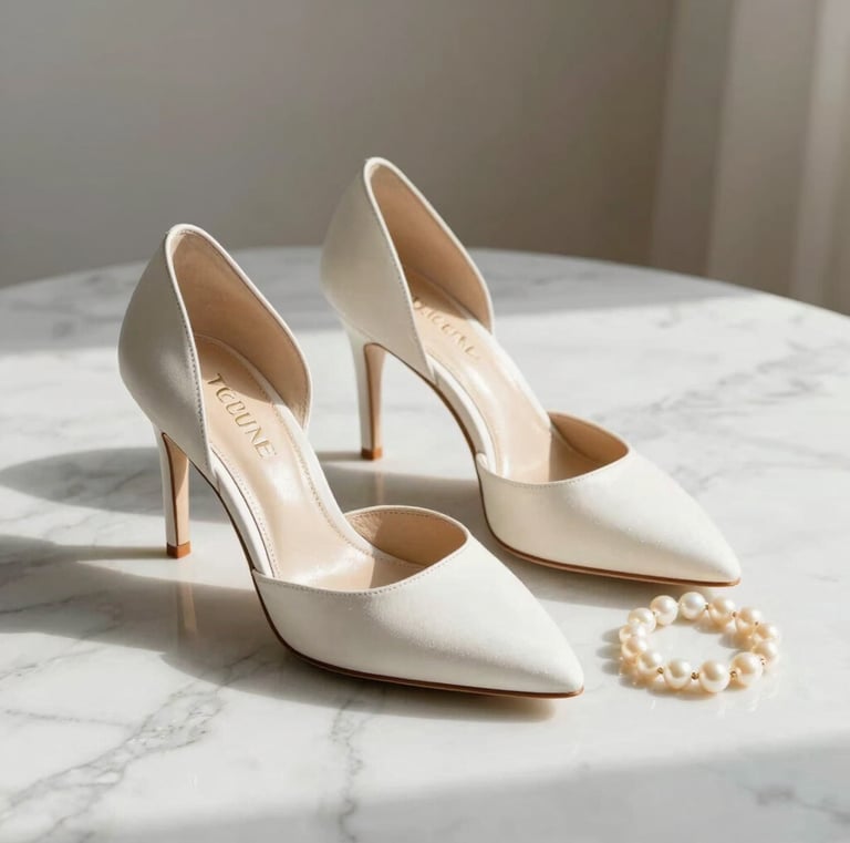 Ivory heels on marble with pearl bracelet Velune Paris footwear