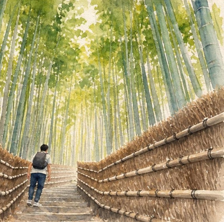 Minimalist watercolor Arashiyama Bamboo Forest travel art printable