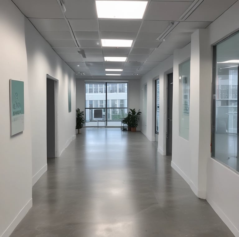 Professional cleaning team member wiping down a glass partition in a sleek office.