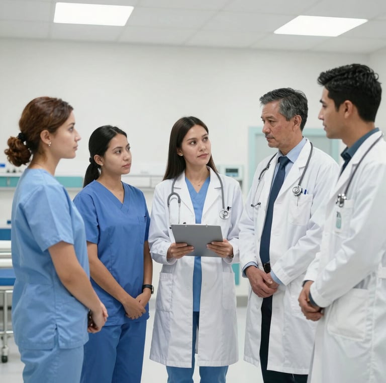A diverse group of doctors and nurses in scrubs and lab coats meeting in a clinical hospital setting.