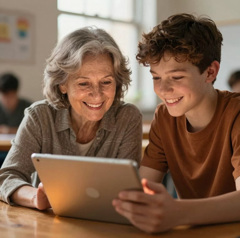 Warm editorial photography of a senior woman and a teenage boy laughing together while looking at a tablet screen, soft natural window light mixed with a warm amber screen glow, shallow depth of field, New York community center setting.