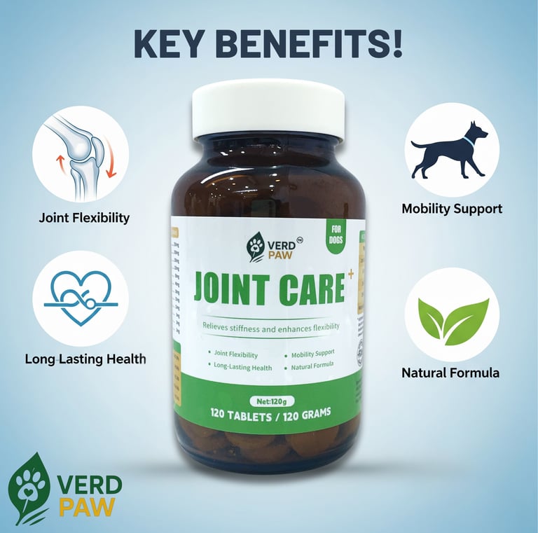 Key benefits of Joint Care for dogs including mobility support and joint flexibility.