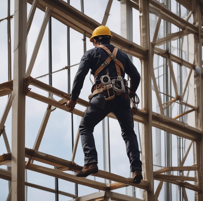 A close-up of a protective gas mask with straps and a transparent visor placed on top of a reflective metallic surface, next to a bright yellow safety helmet with a face shield attached.