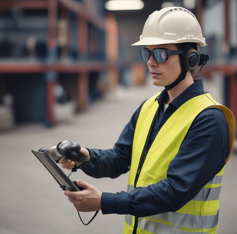 A person wearing a bright red industrial jacket with reflective stripes and a white safety helmet. They are holding a book titled 'Occupational Safety and Health Act' against a plain blue background. The person is smiling and the jacket has a logo on the chest.