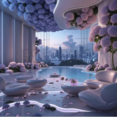 AI serene futuristic sky lounge infused with hydrangea design.